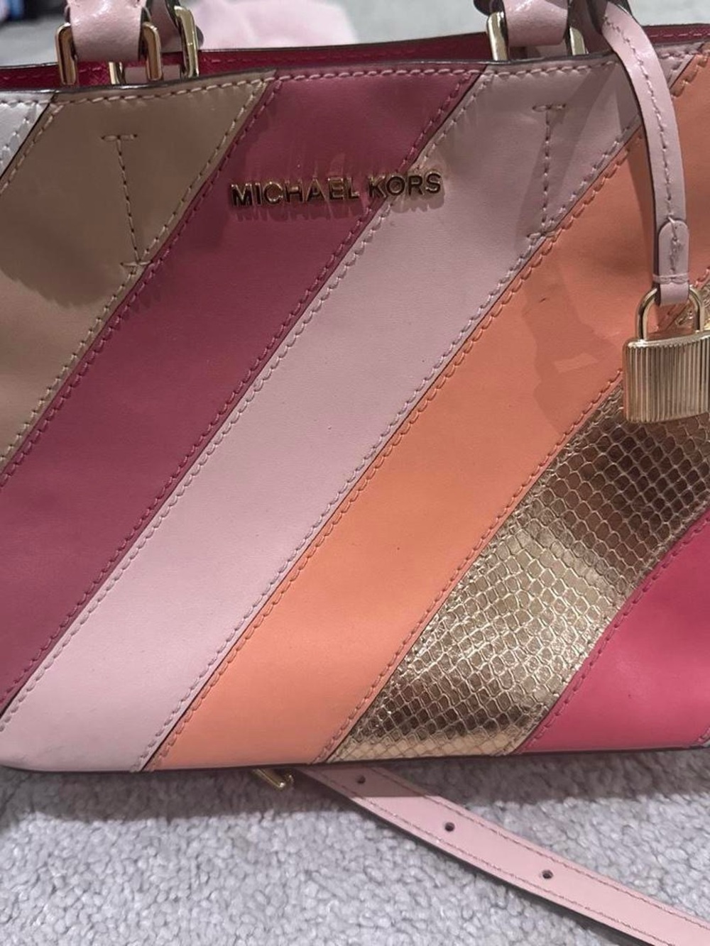 Michael Kors Pink and Gold Striped Shoulder Bag - Picture 5 of 9